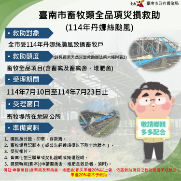 臺南畜牧受丹娜絲颱災損 7/10-7/23受理現金救助申請