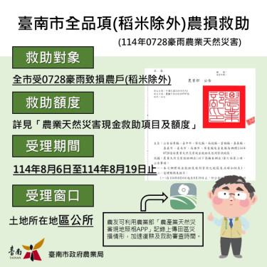 0728豪雨重創臺南農業 8/6-8/19受理現金救助申請
