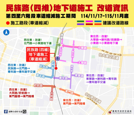南市鐵民族四維地下道11/17起分階段施工部分封閉管制