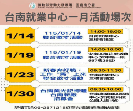 台南就業農曆年前4場次徵才開跑