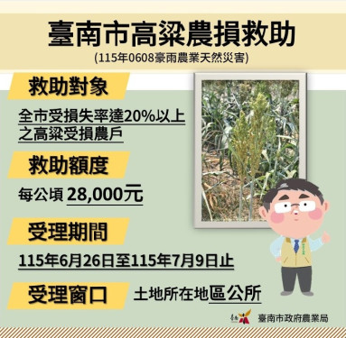 南市高粱0608豪雨災損！自6/26-7/9受理現金救助申請