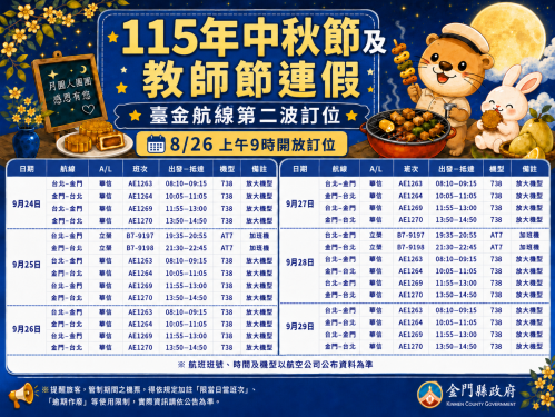 第2波中秋教師連假臺金機票  8/26上午9時開放訂位