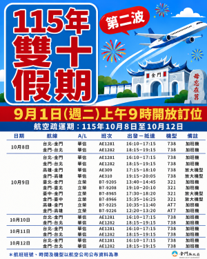 第2波雙十連假臺金機票  9/1上午9時開放訂位