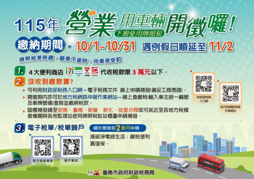 115年營業車牌照稅10/1開徵 多元便利管道繳稅
