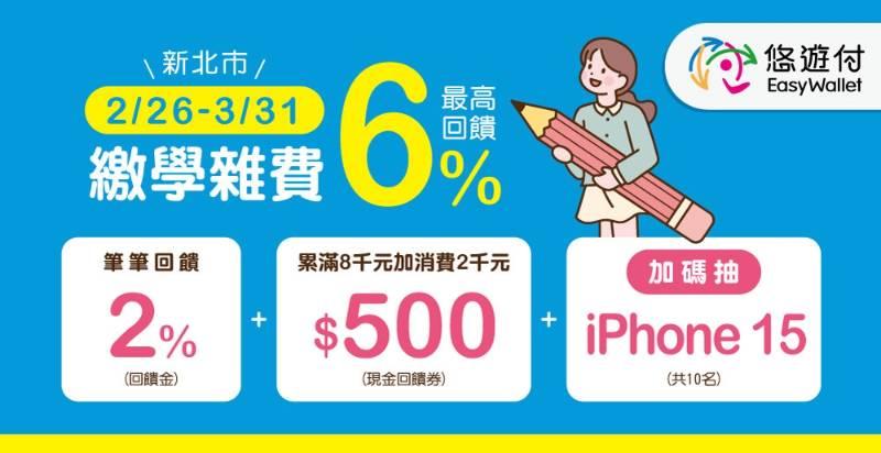 新北校園通APP攜手悠遊付 繳學雜費最高6％回饋 加碼抽iPhone15