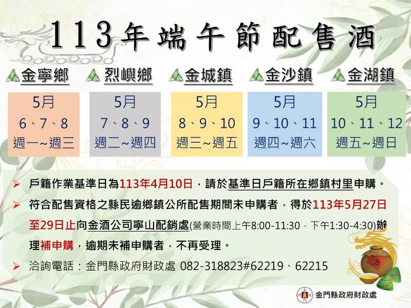 金門端節配售酒工作認證相關規定 籲鄉親及時申辦 5/6起金寧等陸續展開