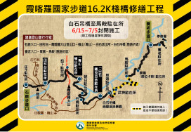霞喀羅國家步道16.2K棧橋6/15-7/15封閉施工　籲請遊客原路折返