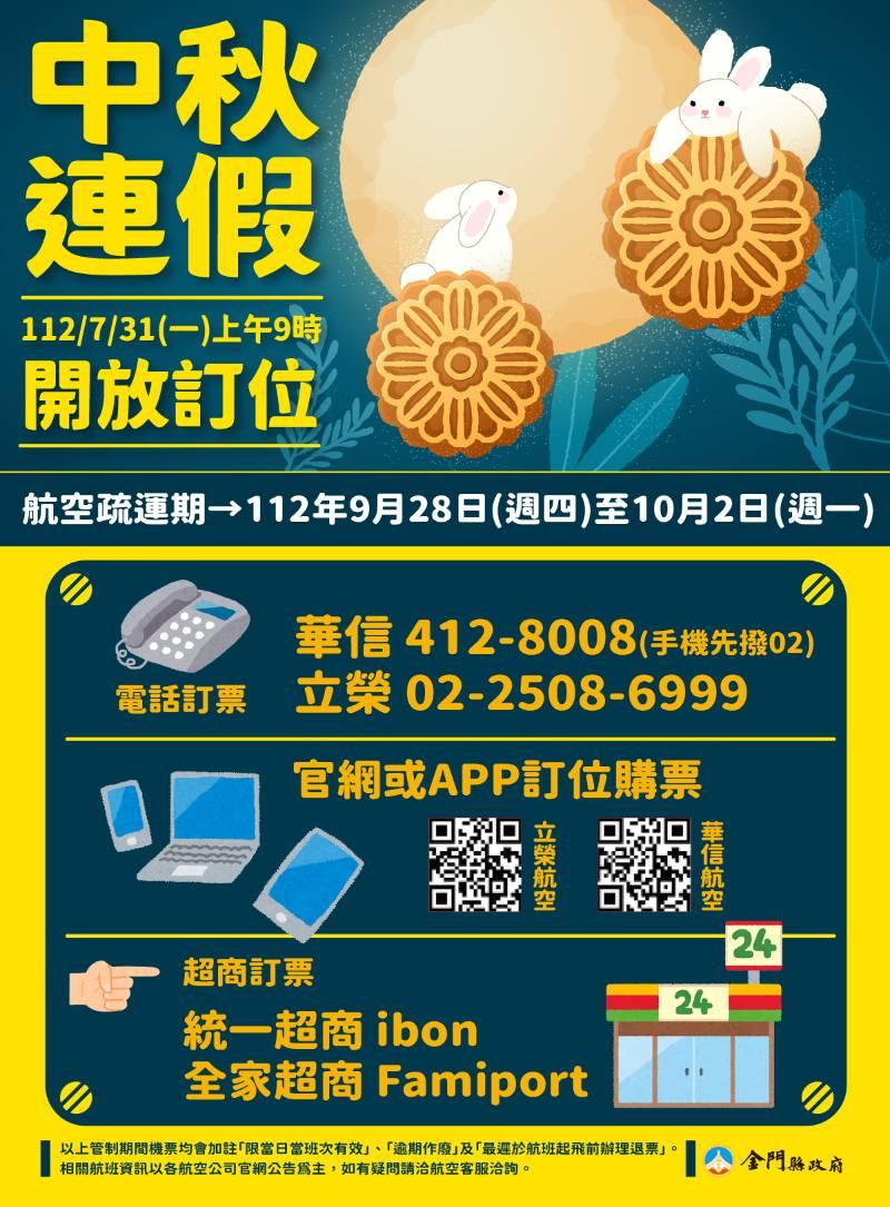 112年中秋臺金機票  7/31上午9時開放訂位