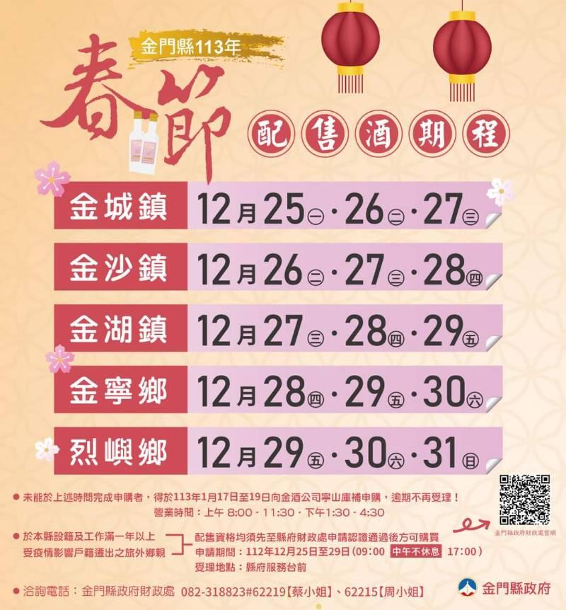 金門113年春節家戶配酒12/25起展開  配售酒資格認證或恢復12/25-29申辦