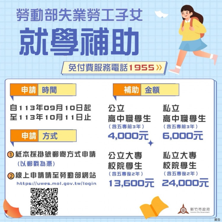 竹市113學年度第1學期失業勞工子女就學補助　受理申請至10月11日