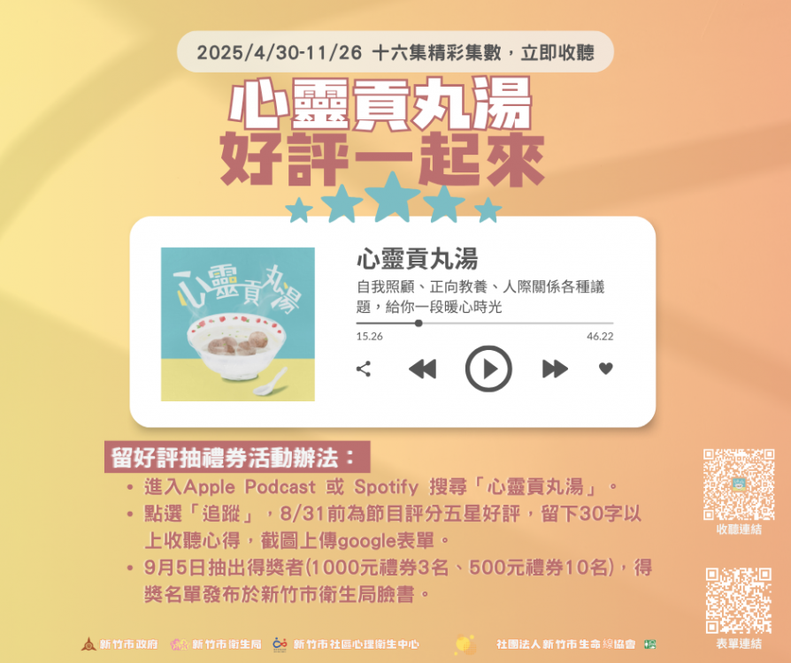 「好評一起來」抽獎開跑　竹市《心靈貢丸湯》Podcast與你談心療癒