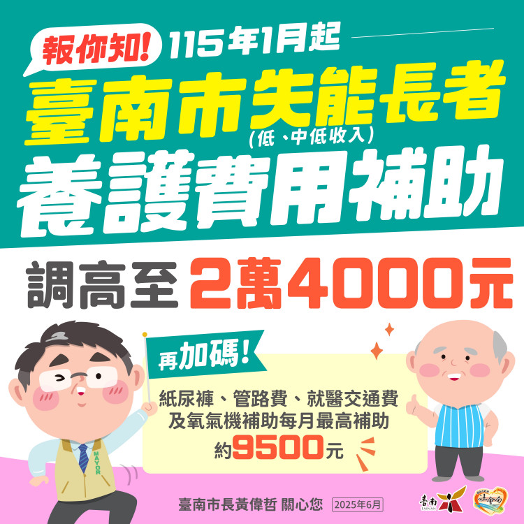 南市布建普及長照服務  黃偉哲宣布調升低收及中低失能養護費補助