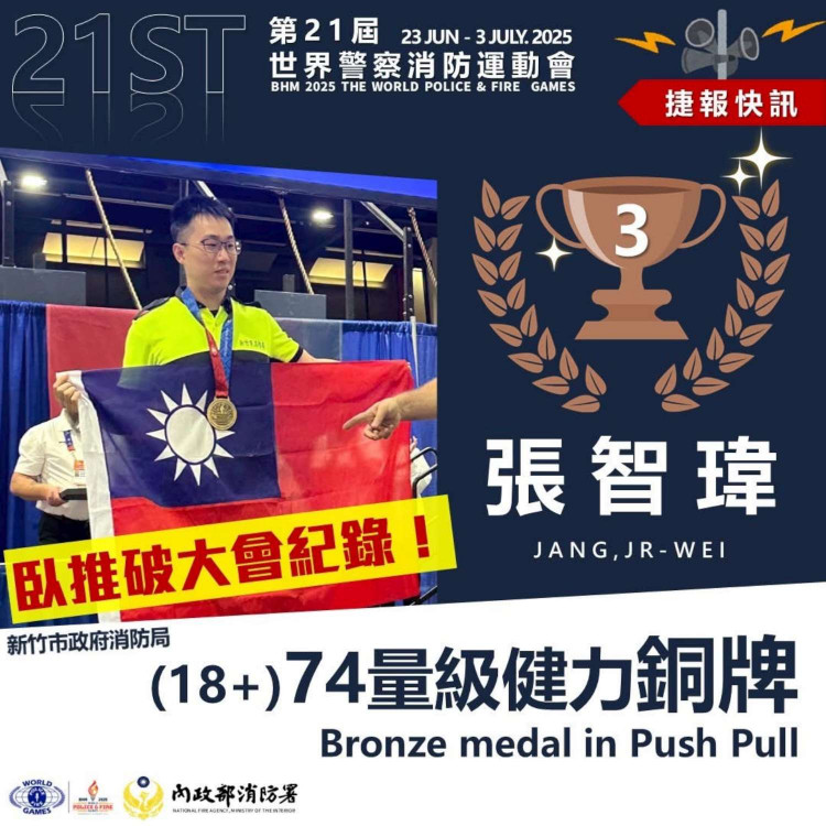 再次奪牌為國爭光！　竹市消防員張智瑋勇奪世界警消運動會銅牌