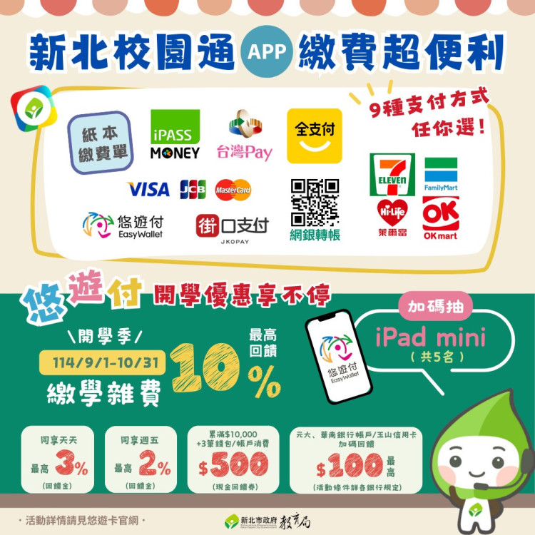 新北校園通APP打造親師生數位便利新生活 悠遊付繳學費最高10％回饋抽iPad