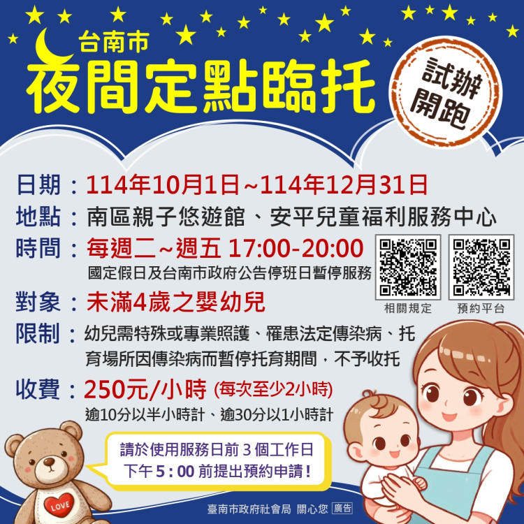 南市夜間托育添能量，安平、南區增設夜間定點臨托