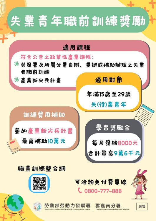 南分署青年職前訓練獎勵 助待業安心學習順利就業 南分署青年職前訓練獎勵 助待業安心學習順利就業