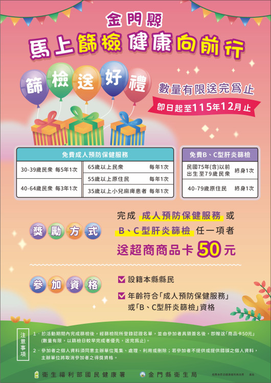 金門衛生局推篩檢獎勵！鄉親完成指定篩檢送好禮