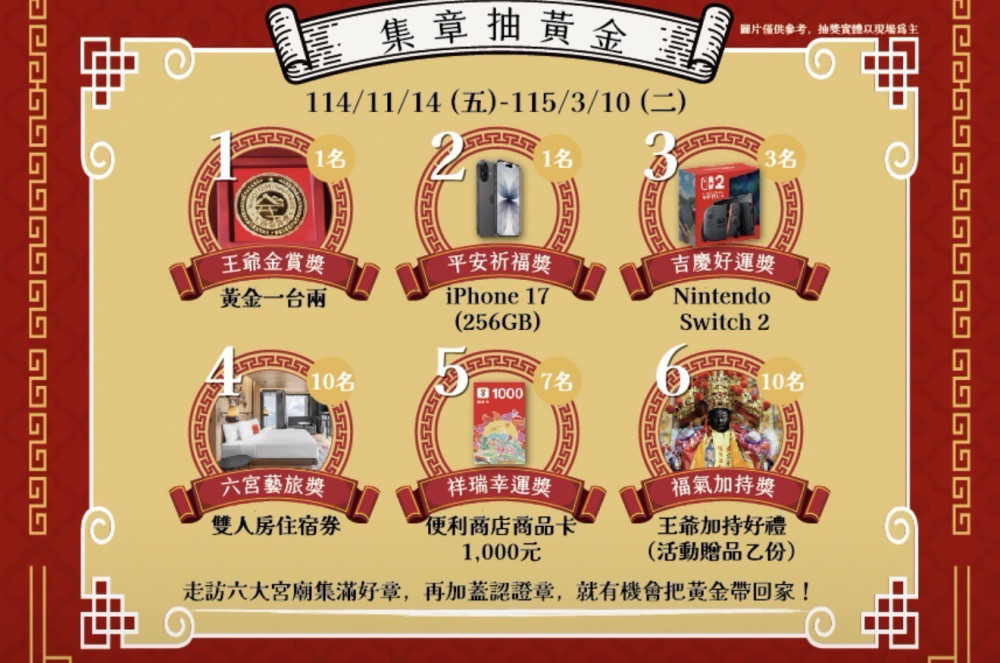 北門王爺藝饗節初四迎財神祈福 集章抽黃金1台兩