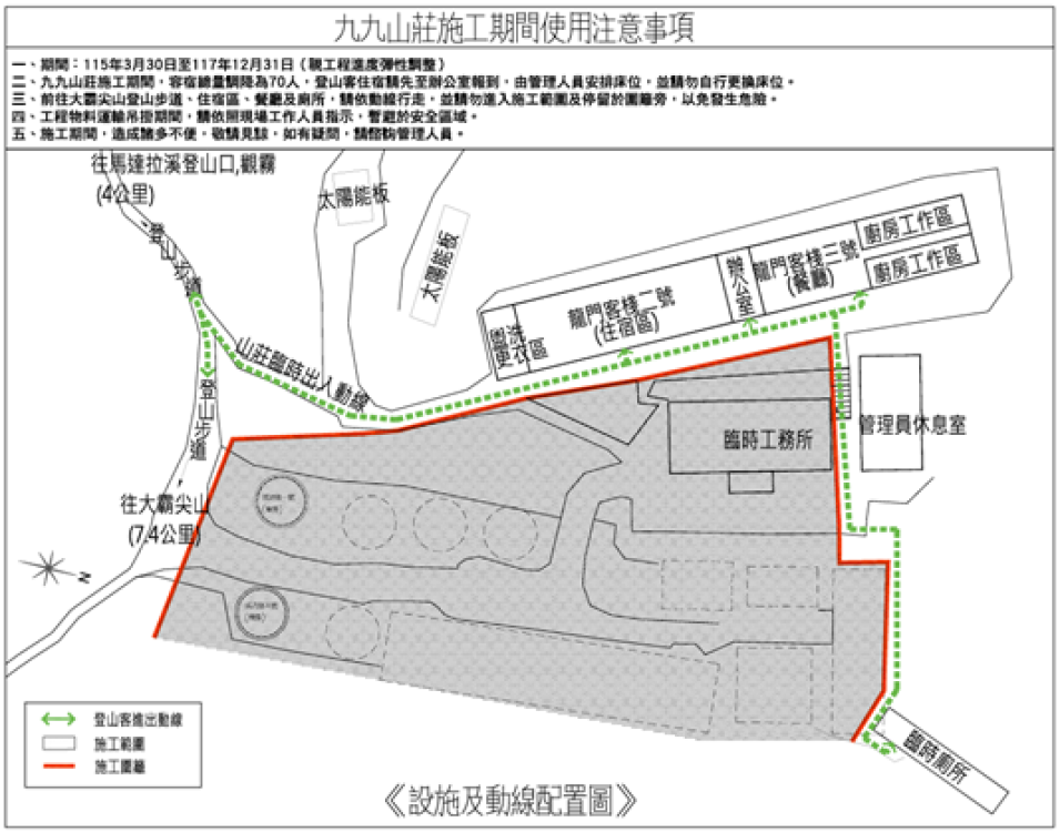 林保署九九山莊3/30起分區施工整建　請民眾配合現場管理引導住宿