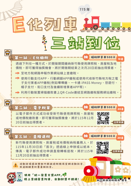 鼓勵民眾E化繳稅　竹縣竹縣「E化列車．三站到位」抽獎活動開跑