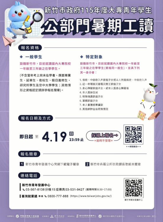 竹市府115年暑期工讀釋出103名額報名至4/19　歡迎青年學生踴躍參與
