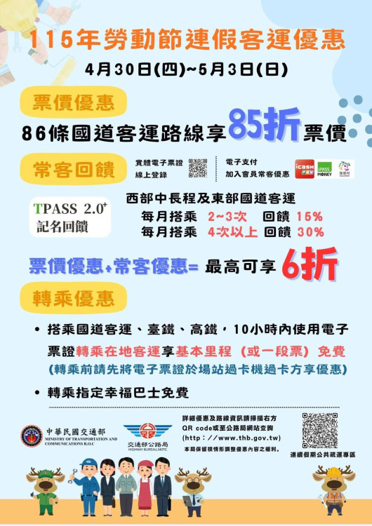 勞動連假公共運輸票價優惠報你知