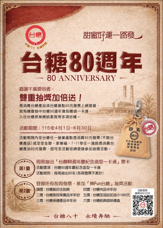倒數中！台糖慶80抽獎6/30前發票登錄抽總統套房等好禮