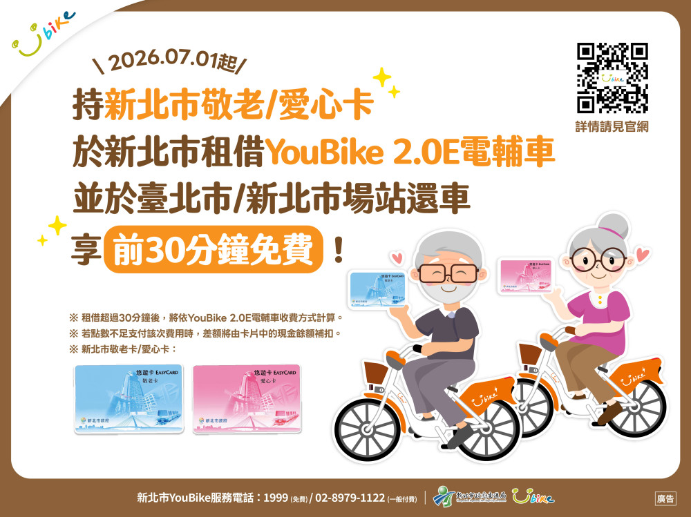新北敬老愛心卡7月升級有感！ YouBike2.0E電輔車免費騎30分鐘！