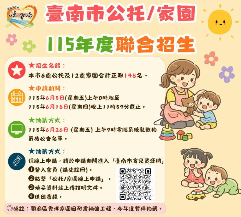 台南市公設民營托嬰中心及公共托育家園聯合招生啟動