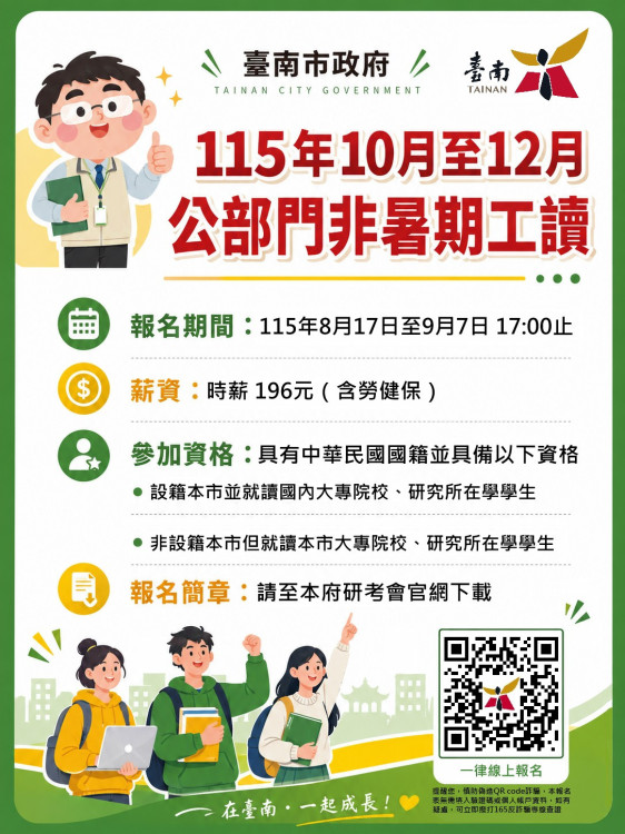 南市府10至12月非暑期工讀開放報名