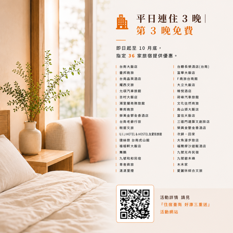 住臺南享多重優惠！住宿點數第二階段9月1日上路 百萬點助攻秋冬旅遊