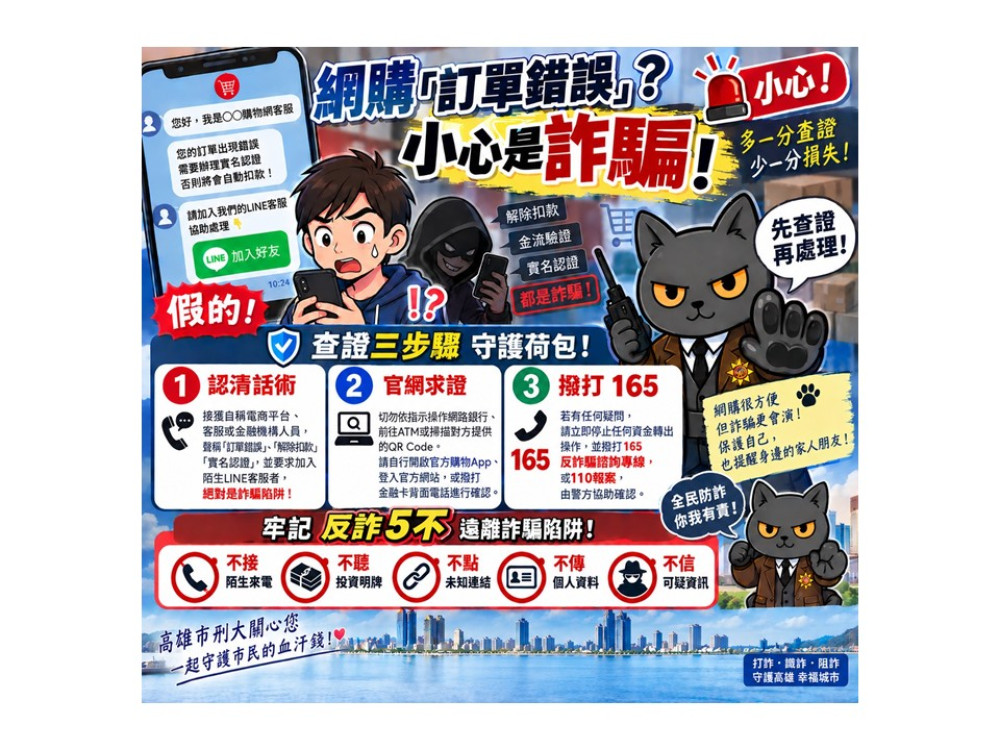 網購遇「訂單錯誤」先別慌！高雄警揭詐騙套路