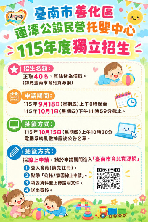 善化蓮潭公設民營托嬰中心獨立招收40名托育額9/18起受理報名