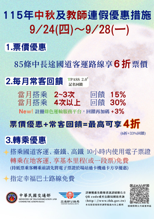 中秋教師連假搭乘公共運輸出遊省荷包 優惠多更多